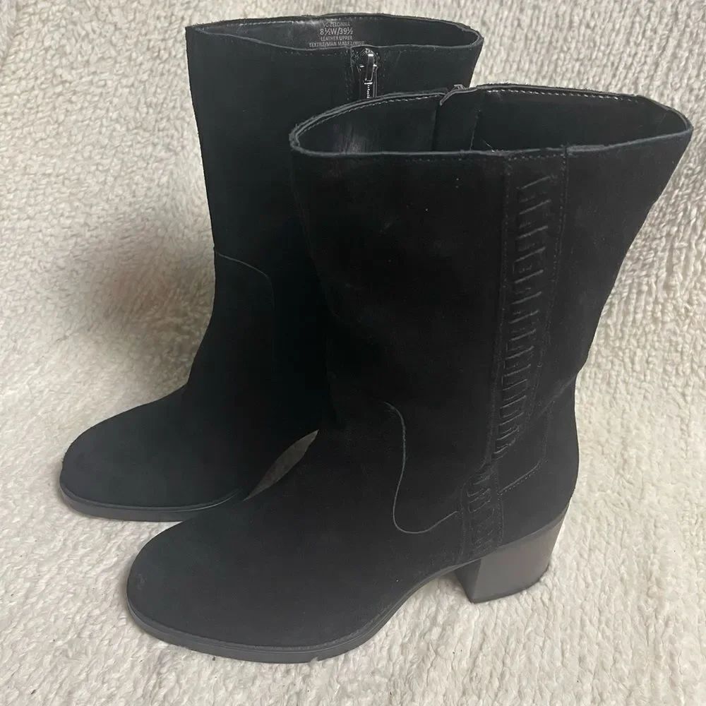 Vince Camuto Zelcinna Mid-Shaft Suede Black Boots Block heels side zipper SZ8.5W